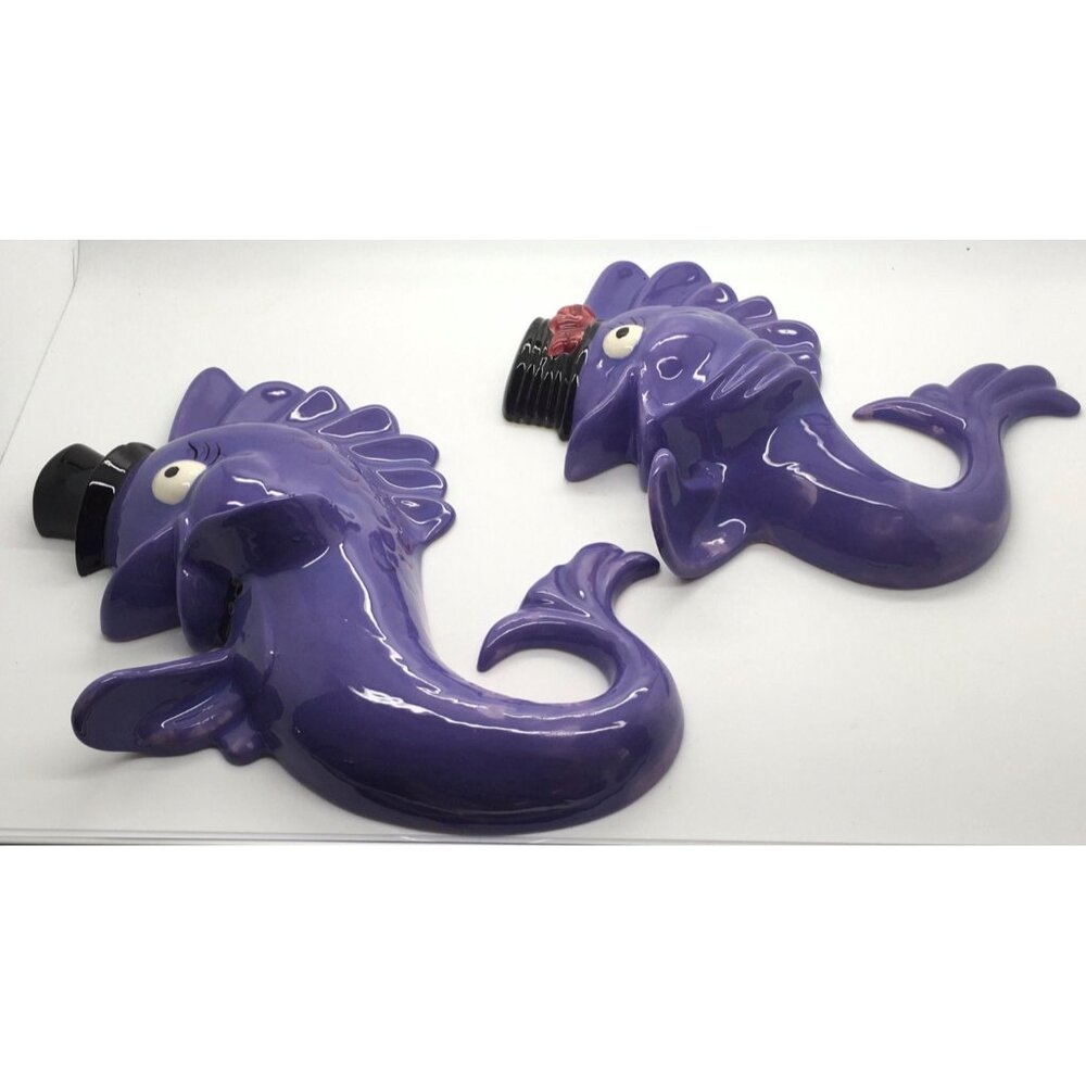 Anthropomorphic Seahorse Wall Hanging Chalkware Top Hat Bow Tie Bow Deep Purple